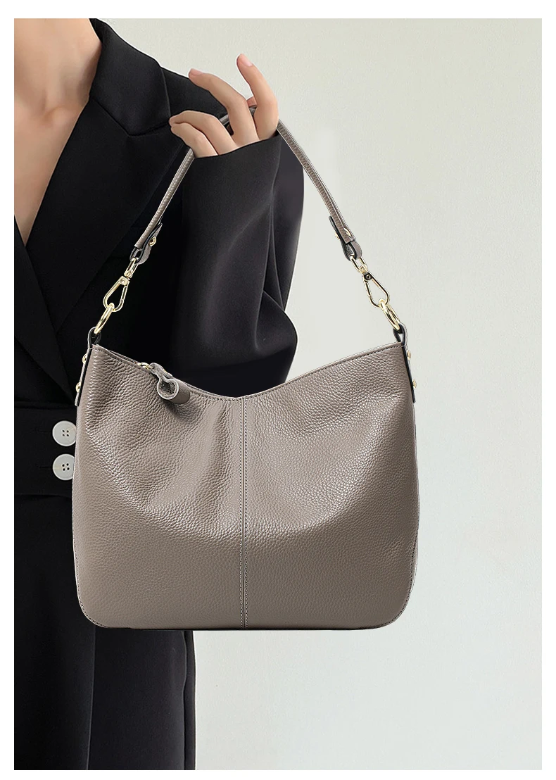 Echte Leder-Schultertasche für Damen, Aufbewahrungshandtasche, Schlichte und Leichte Graue Einkaufstasche – Detail 2