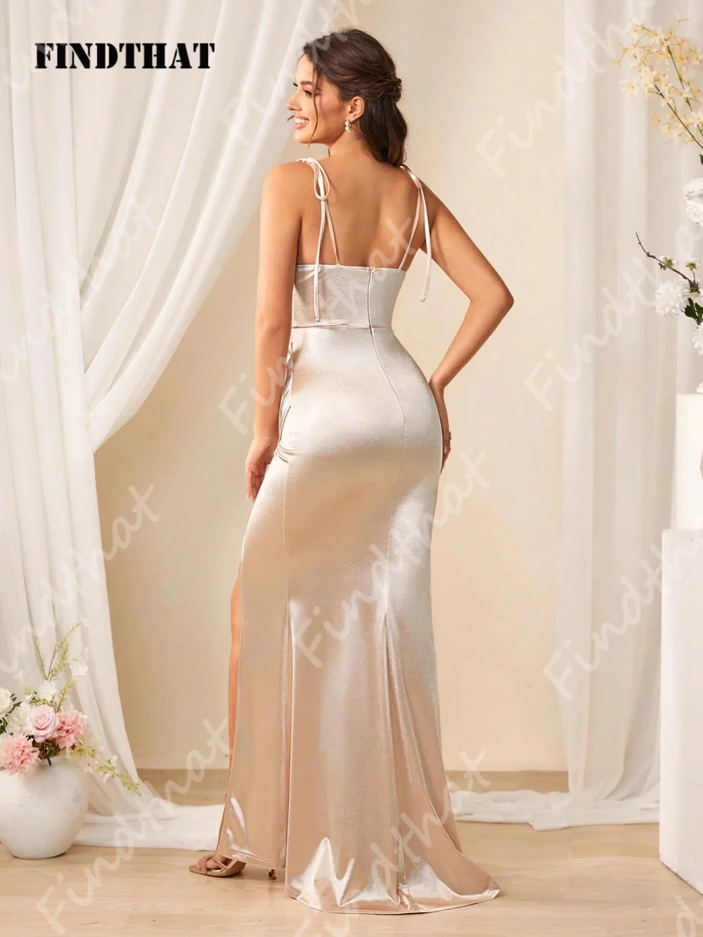 Findthat Sexy V-Neck Women Maxi Dress Split Satin Formal Gown Spaghetti Strap High Waist Ruched Mermaid Evening Dress Customized