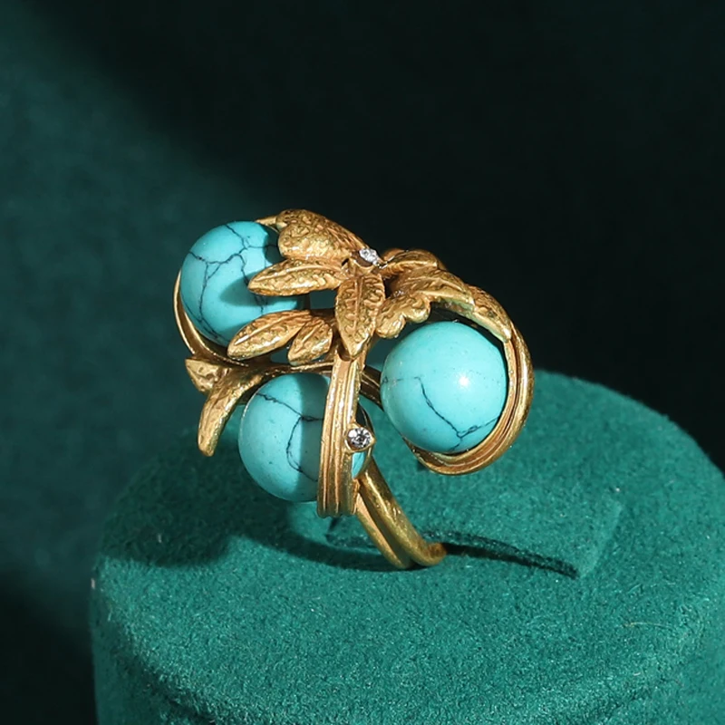 

Vintage Antique Gold Color Leaves Turquoise Ring Adjustable For Woman Accessories Luxury Quality Jewelry Designer 2025 Trends