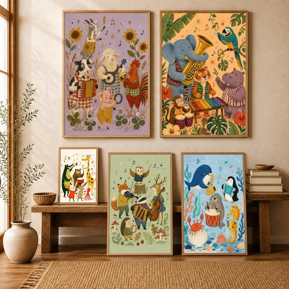 Animal Band Nursery Poster Modern Art Wall Stickers HD Painting Self Adhesive Decals for Bedroom Living Room Home Decor