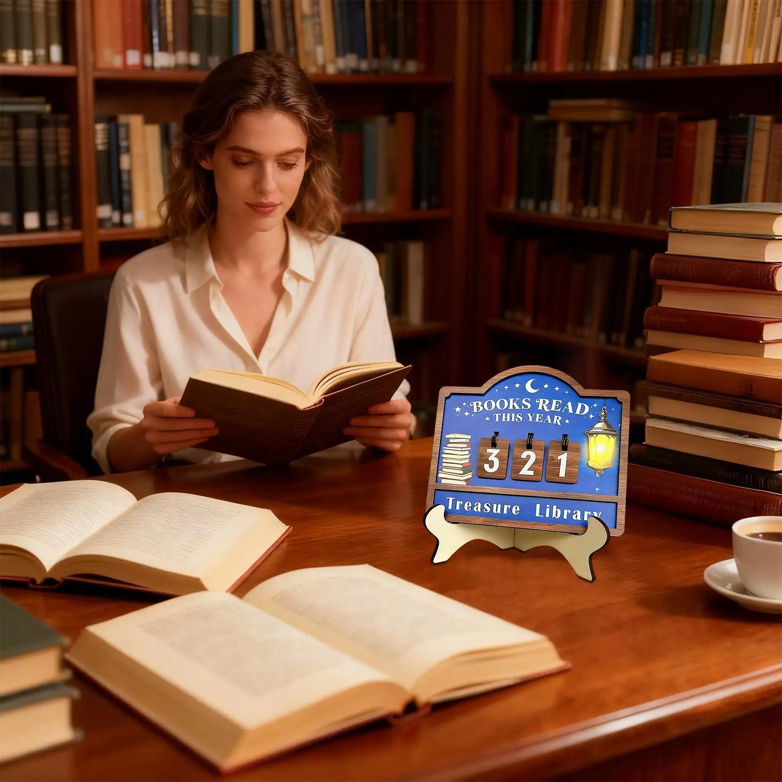 Books Read counter Sign Wood Reading Challenge Decor Book reading counter Ornament with Changeable Number Plates Lantern Pattern