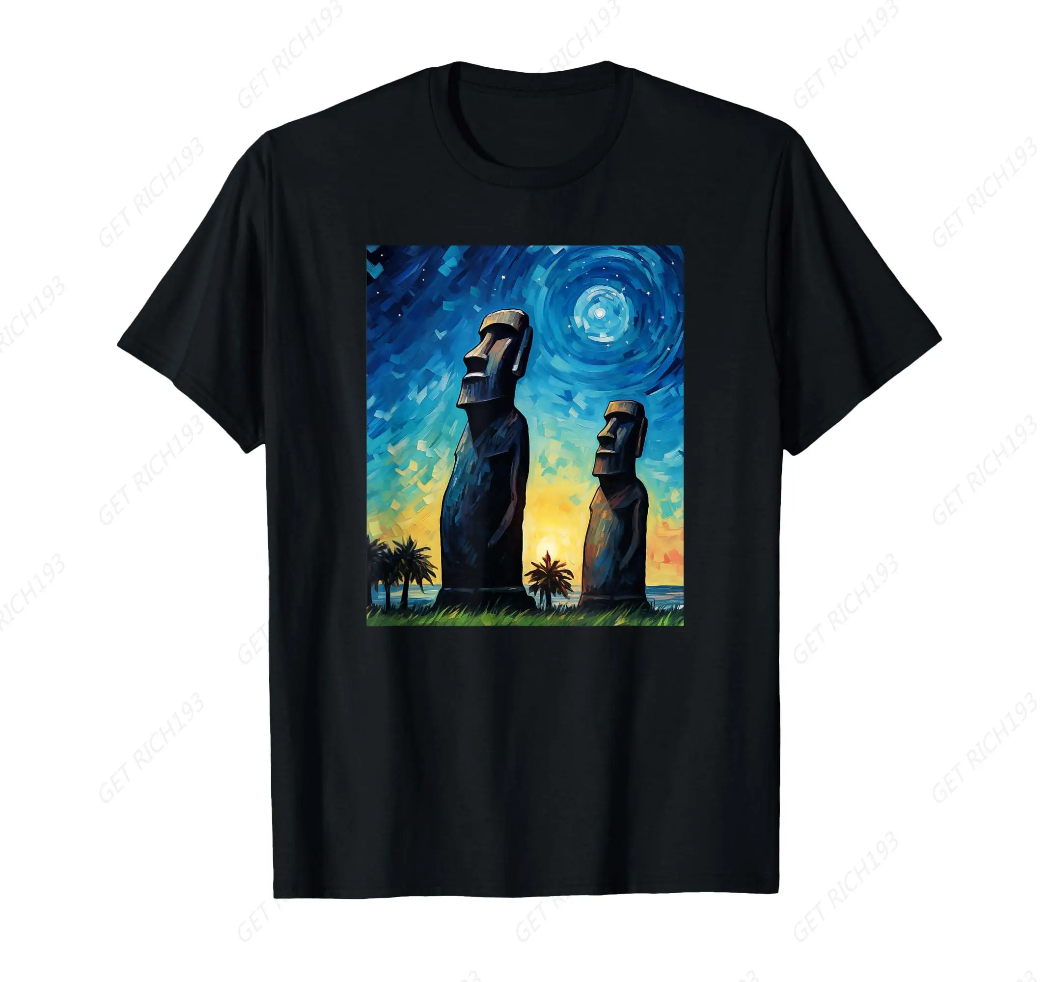 Stone Guardians Moai Sculptures Easter Island Watercolor T-Shirt For Men Women Travel Camping Cotton Short Sleeve