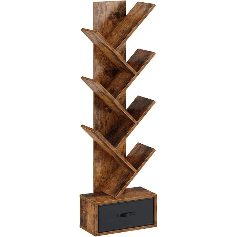 7 Tier Tree Bookshelf  Drawer Storage Rack Tall Narrow Standing Bookcase for s Movies Books Living Room Rustic Brown