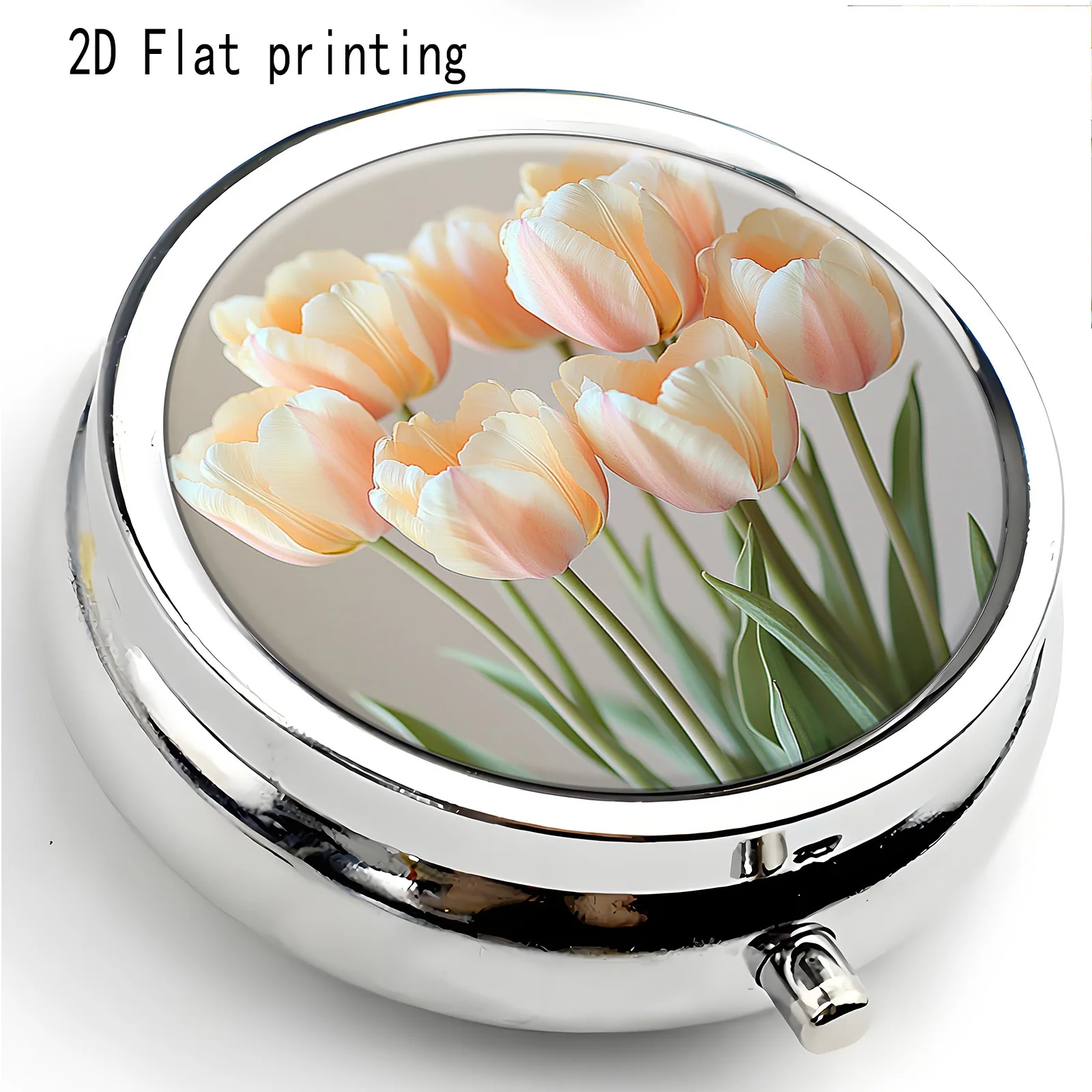 1 light pink tulip patterned three-compartment portable box, with flat single-sided printing. Pill box storage case, suitable for use in handbags, a multifunctional small storage box for jewelry and medication, essential travel organizer, flat design