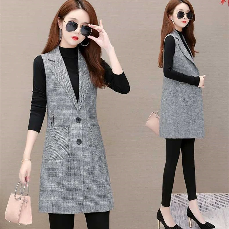 Women Long Blazer Vest Elegant Office Lady Plaid Coat Female Waistcoat Causal Suits Sleeveless Jacket Pocket Outwear