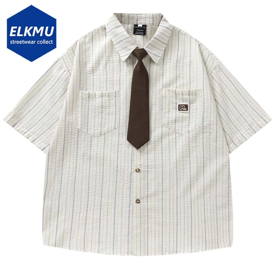 

Japan Style Vintage Shirts with Necktie Summer Casual Loose Short Sleeve Button Up Blouse Varsity Shirts Oversized Y2K Shirts