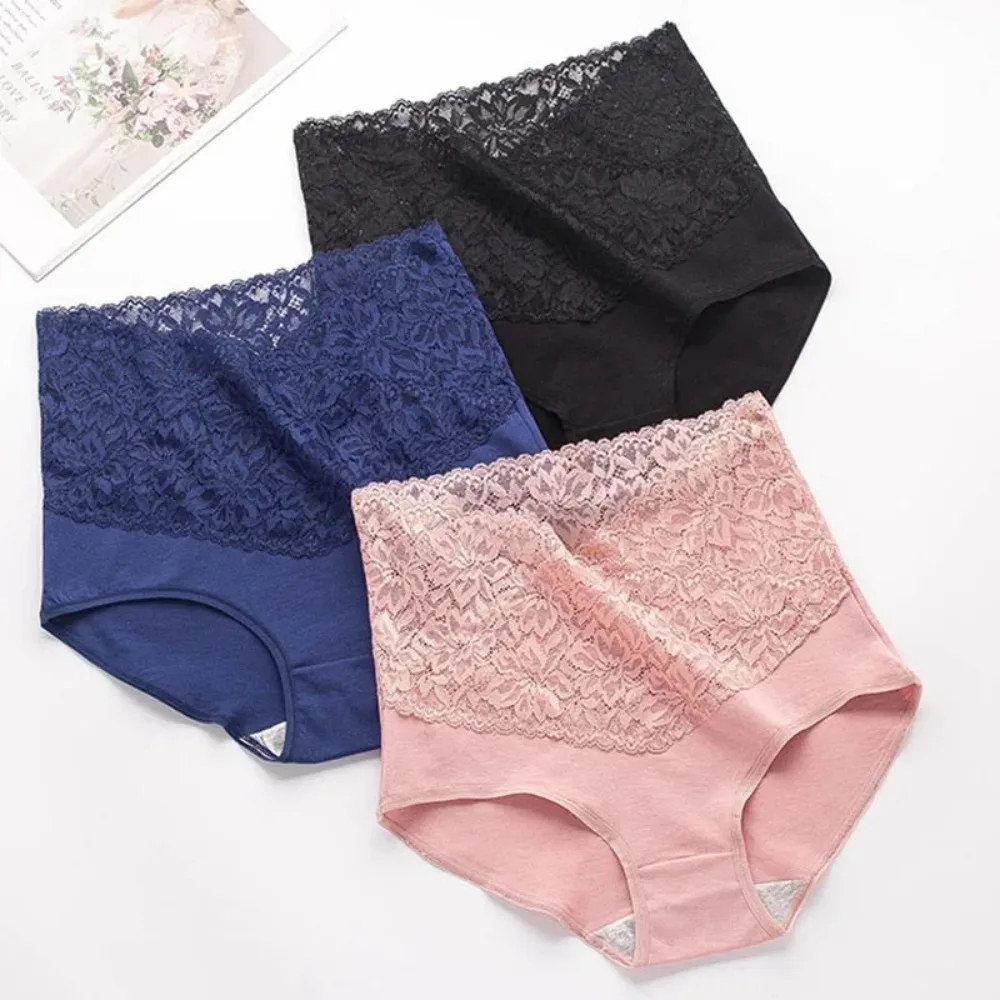 New V-neck High Waist Underwear Women Pure Cotton Antibacterial Lace Panties Hot and Seductive Girls Tight Triangle Shorts