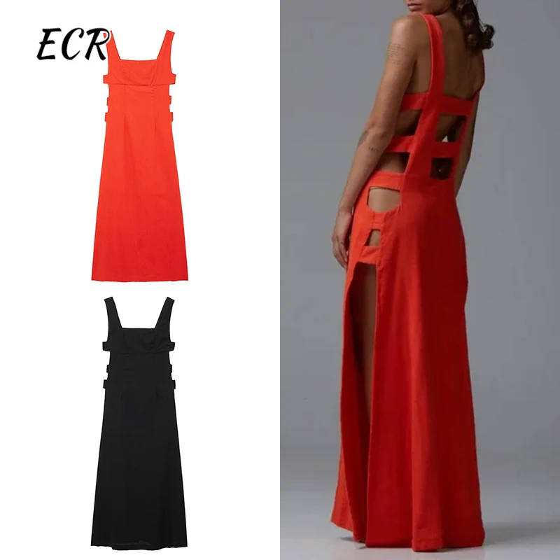 

ECR Sexy Hollow Out Split Solid Dresses For Women Square Collar Sleeveless Backless High Waist Slimming Dress Female Fashion New