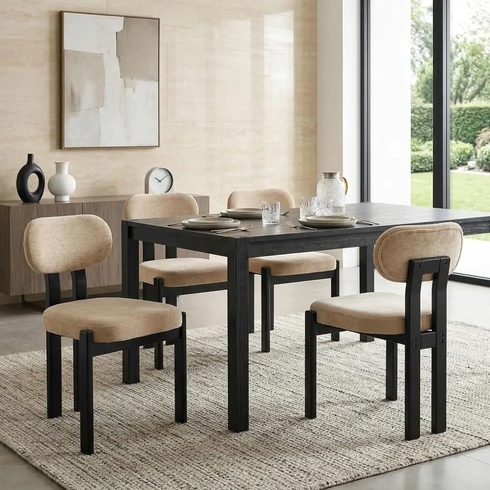 

Set of 4 Upholstered Dining Chairs with Wood Legs, Curved Back, Light Khaki for Kitchen, Dining Room, Living Room, Restaurant, o