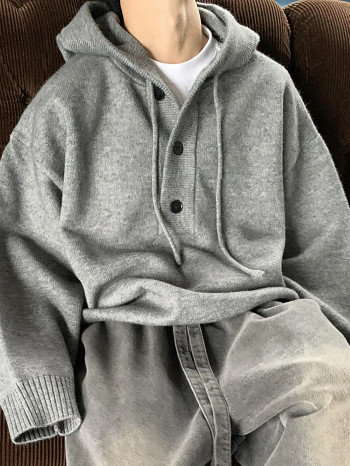 

ay Knitted Hoodie Men's Autumn Winter Sle Lazy High-End Feeling American Retro Sweater Casual Loose Fit Long Sve T-irt