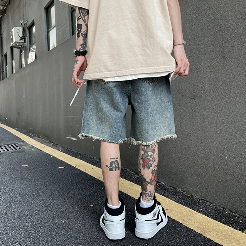 Denim Shorts Men Washed Slouchy Japanese Style Frayed Knee Length Hole Raw Edge All-match Streetwear College Fashion Summer New