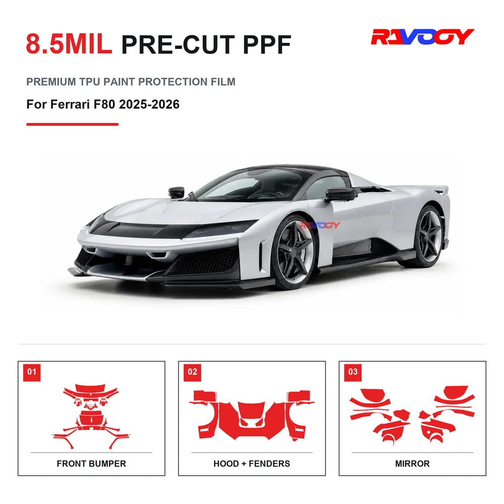 Film de protection de peinture transparent en TPU pré-découpé pour Ferrari F80 2025-2026, 8,5 mil, auto-réparant, hydrophobe, anti-UV et anti-éclats de pierre