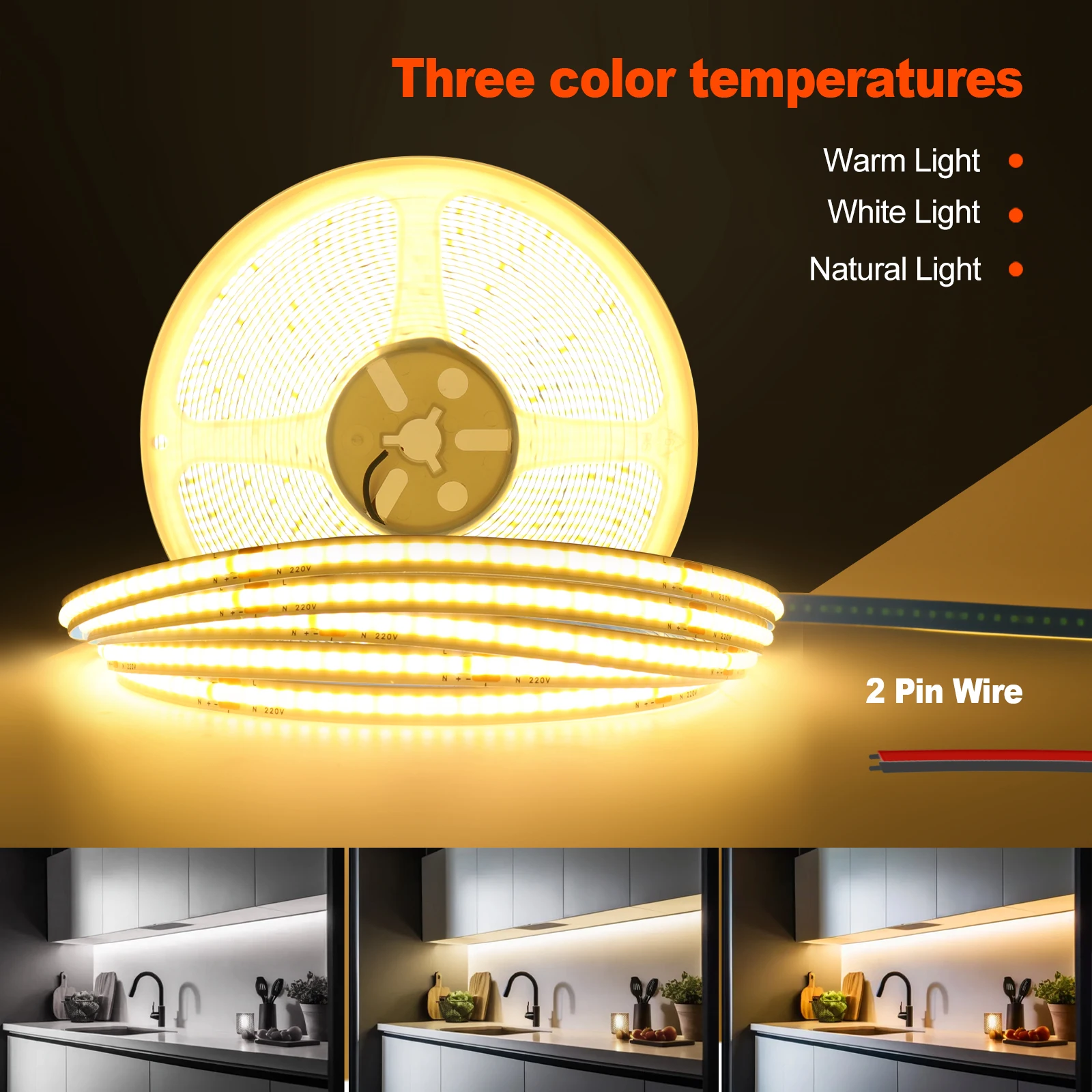 

220V 240LEDs/m COB LED Strip 5M 10M 15M 20M 50M Adhesive LED Light Tape Not Waterproof Flexible Rope Light Warm Natural White