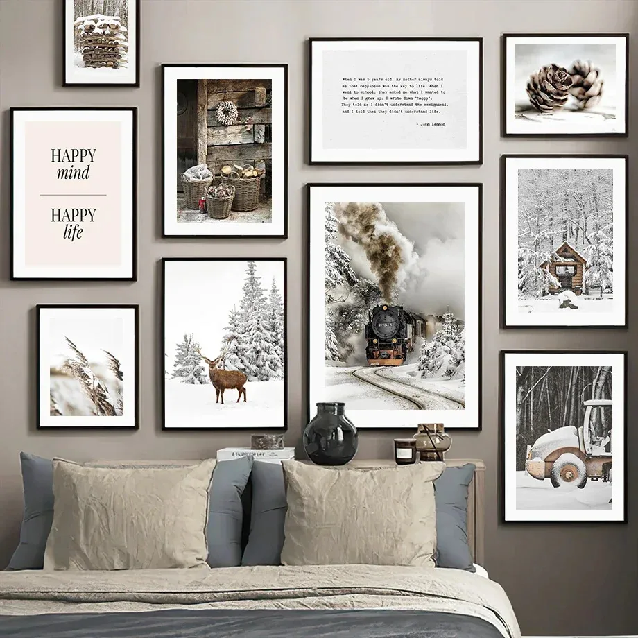 Pósteres impresos de pino, bosque, nieve, tren, ciervo, hierba, piña, pintura en lienzo, imágenes artísticas de pared nórdicas para decoración para sala de estar