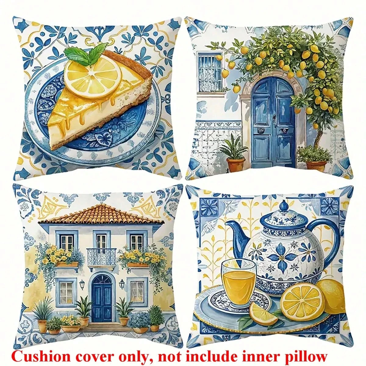1pc Mediterranean Lemon Pie & House Pillow Cover 2D Double-Side Print Polyester Cushion Case for Dining Room Farmhouse Summer Bi