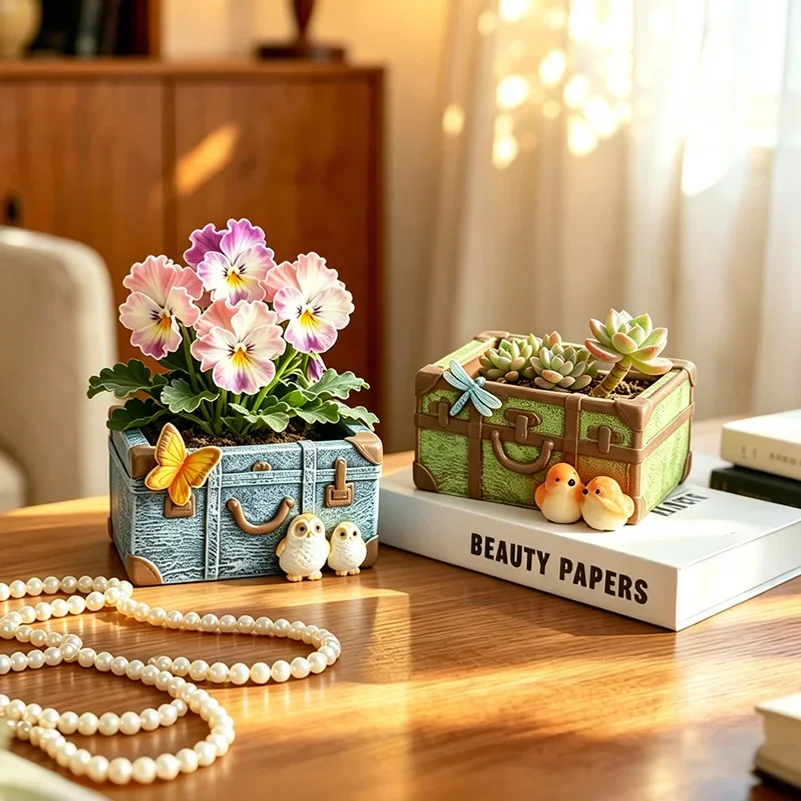 Antique Trunk Resin Succulent Pot with Bird Butterfly Detail Cute Home Balcony Desktop Decorative Plant Container Ornament