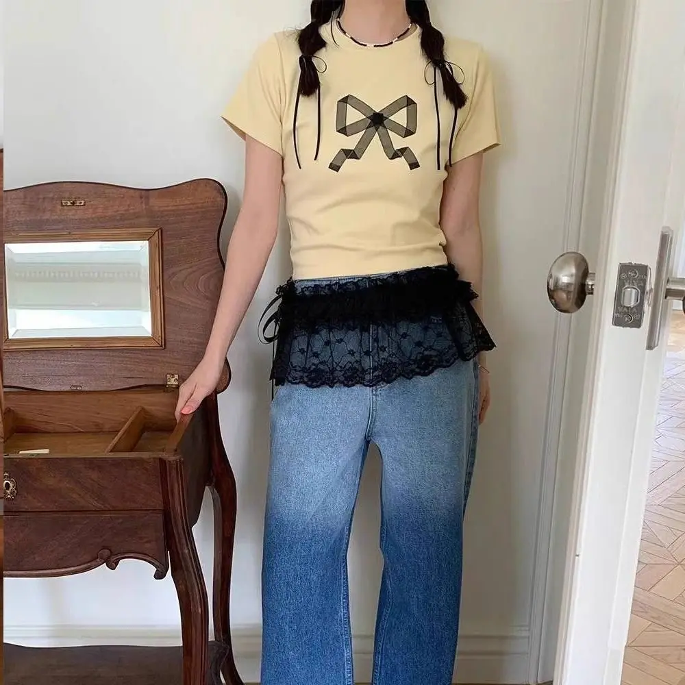 New Embroidered Flower Lace Mini Skirt See Through Harajuku Ruched Skirts Y2K Streetwear Lace Up Ruffles Skirt Jeans Decoration