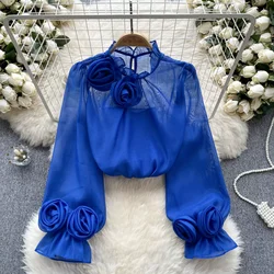 3D Flower Chiffon Blouse Ruffles Collar Long Sleeves Sheer With Lining Ladies France Vintage Senior Elegant OL Tops