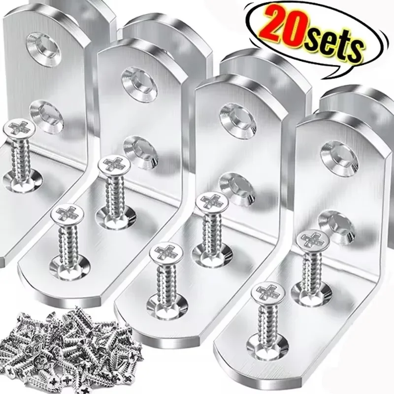 20/1sets Stainless Steel Corner Bracket L-shaped Right Angle Brackets Fasteners with Screw Home Furniture Cabinet Connector Tool