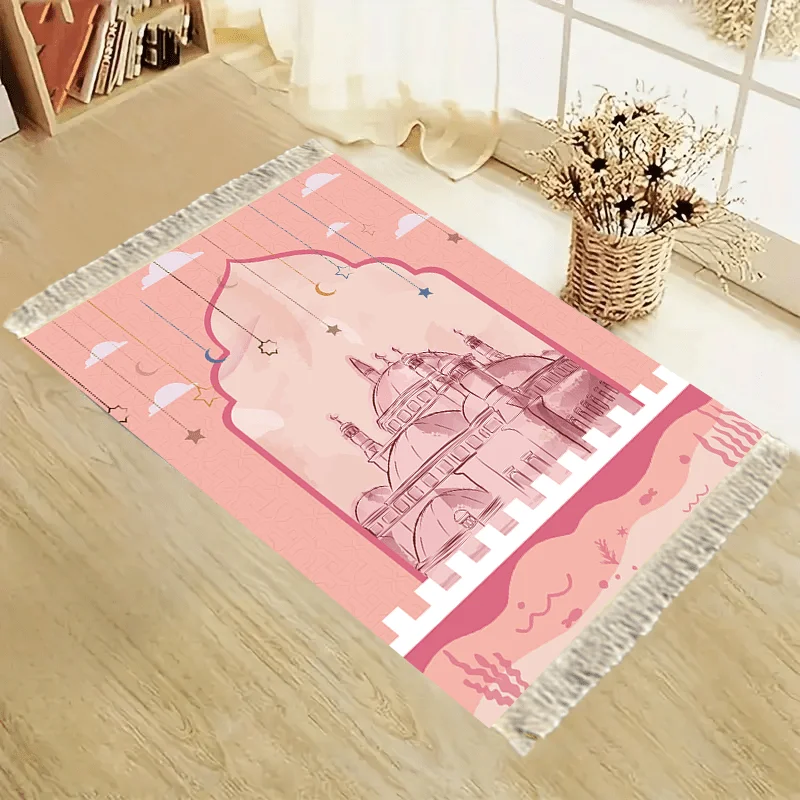 VIKAMA Pink Star Moon Flower Mosque Prayer Carpet for Eid al Fitr Portable Muslim Prayer Mat Home Decoration