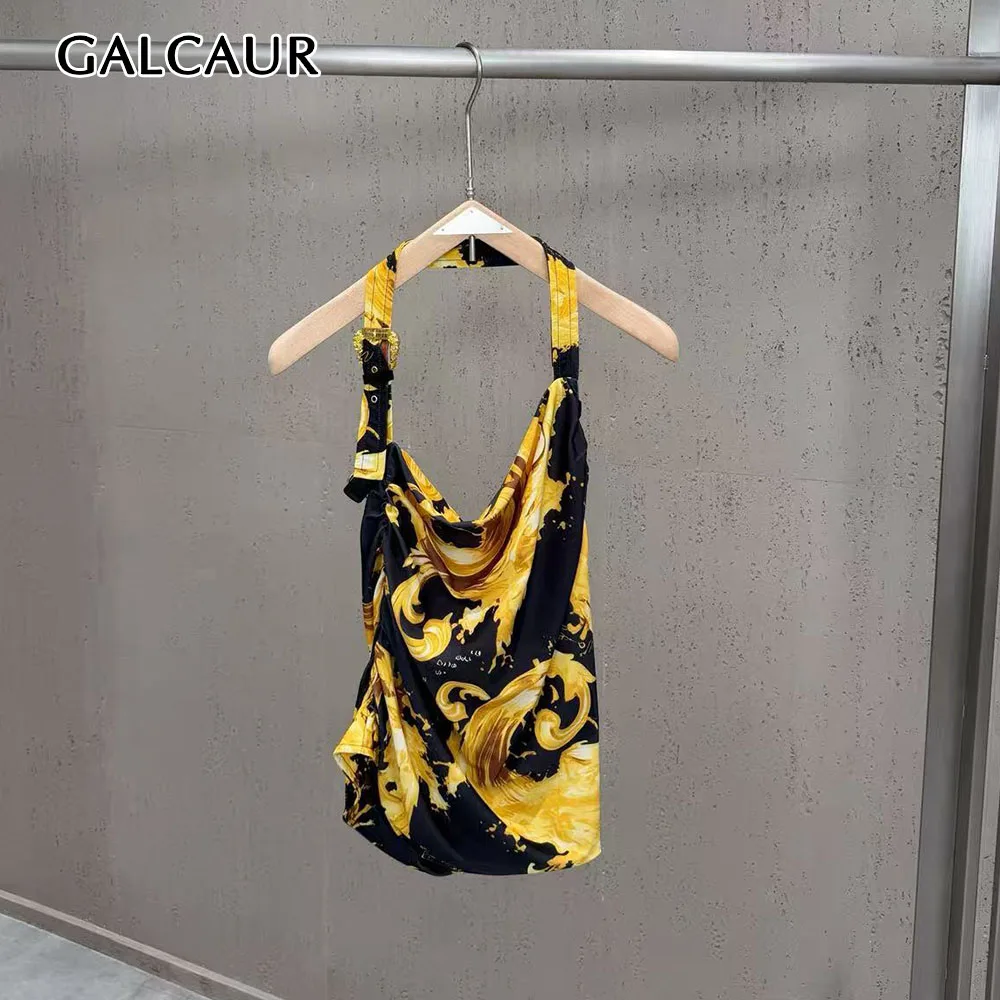 GALCAUR Buckle Spliced Ruched Slimming Casual Vest for Women Cowl Neck Sleeveless Patchwork Asymmetric Hem Tank Top Female Style