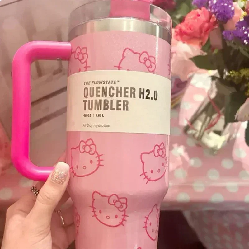 40 Unzen Hello Kitty Edelstahlbecher, isoliert, rosa, mit Griff, Strohbecher, großes Fassungsvermögen, Thermoskanne, Getränke, Cola, Kaffeetasse