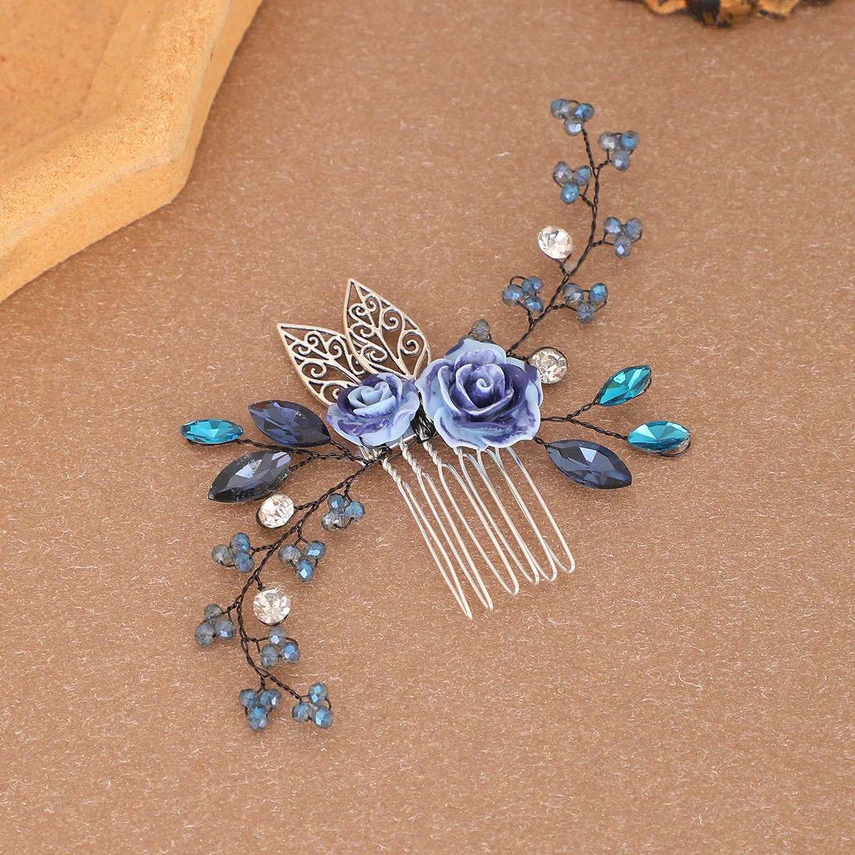 Blue Purple Ceramic Rose Hair Comb Crystal Bead Wire Vine Leaf Hair Pins Vintage Bridal Wedding Hair Accessories