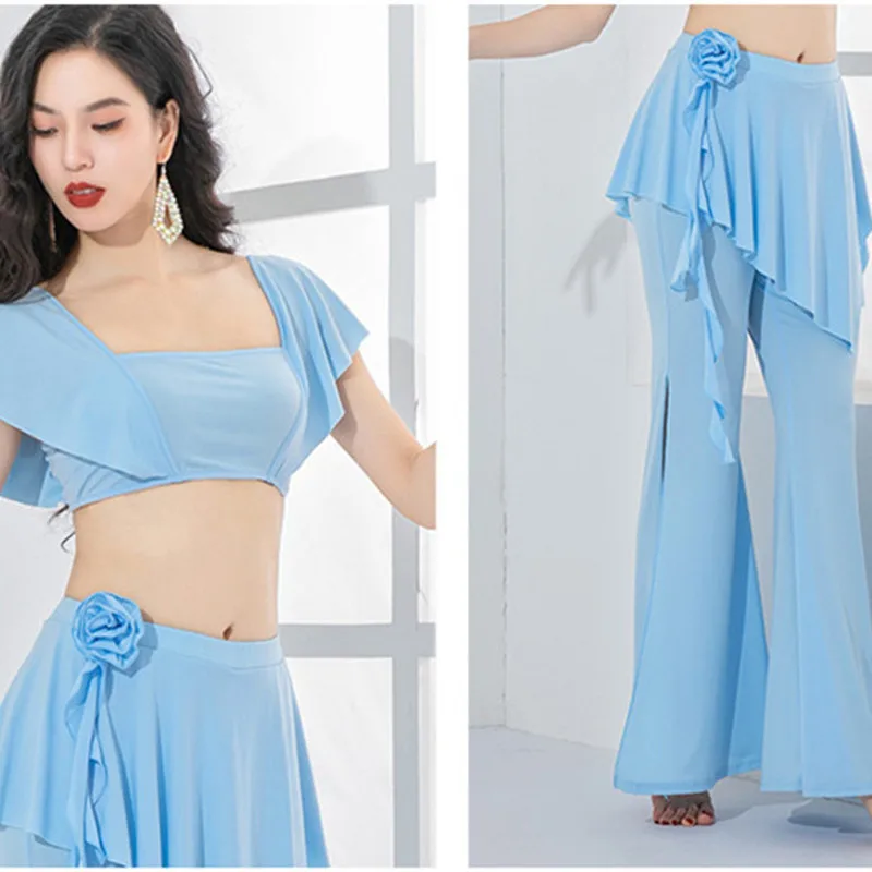 2 Piece Women Bellydance Costume Short Sleeve Top Side Slit Long Pant With Hip Scarf Elegant Dancer Practice Performance Outfit