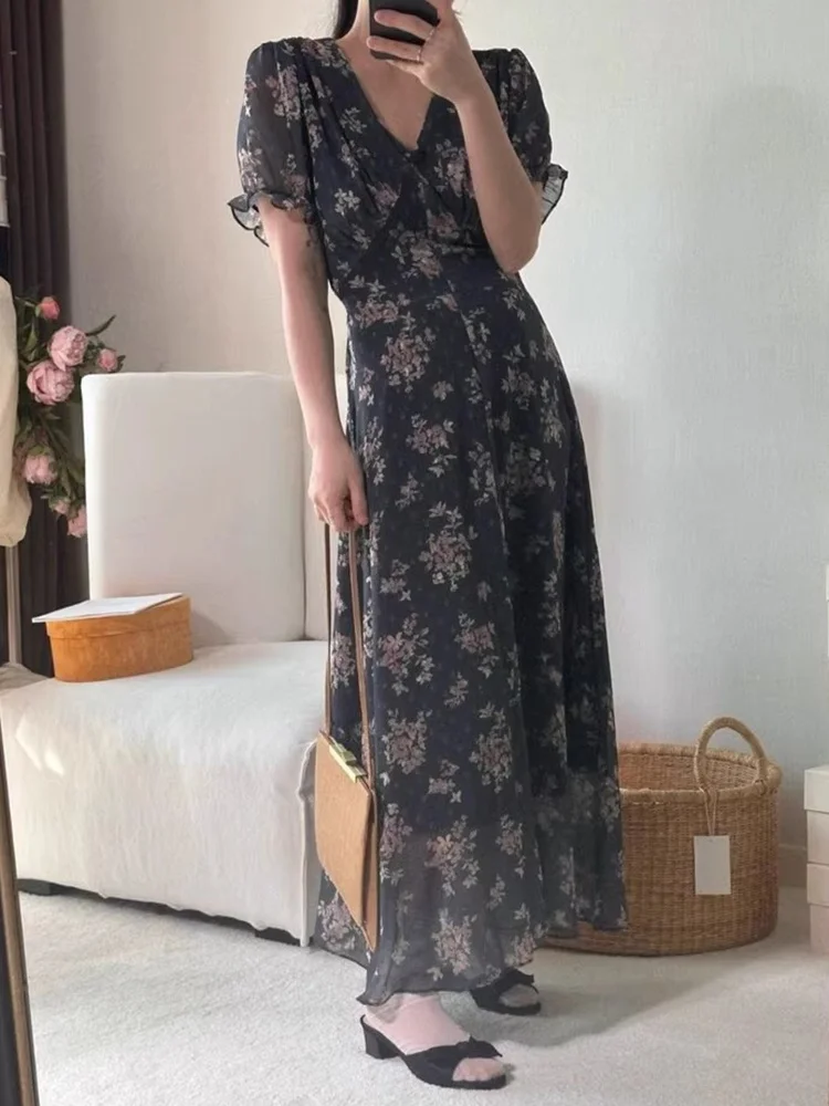 Retro Summer Floral Chiffon Dr with Waist Cinching Tie Bubble Sve Long Women's Faion Korean Sle High Waist ort Sl...