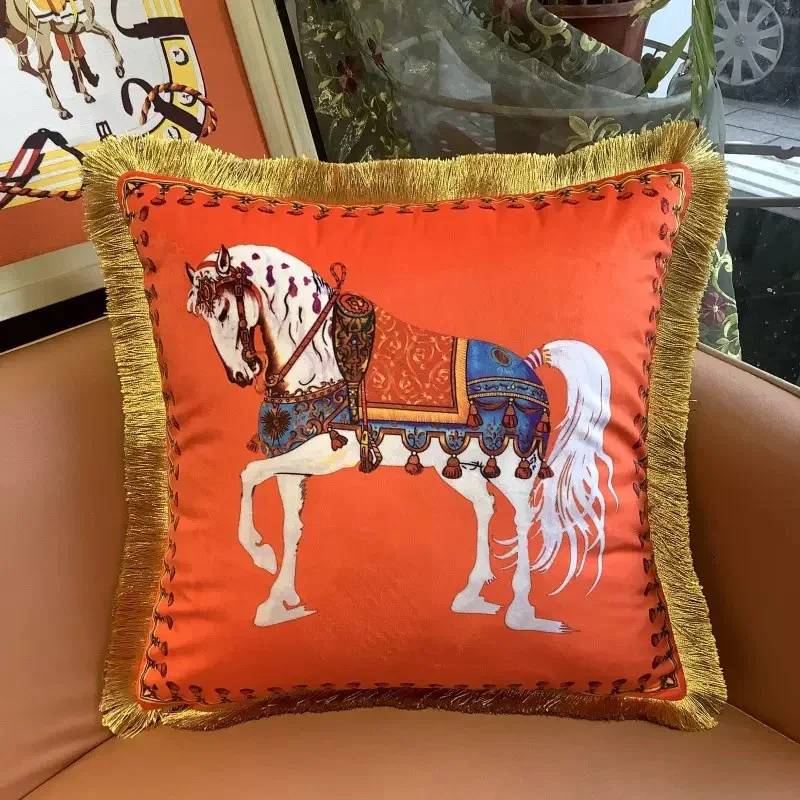 Luxurious Horse Orange Pillow Case Velvet Black Print Gold Fringe Cushion Cover High-end Sofa Decorative Gift 45x45cm 1 Pc Pack