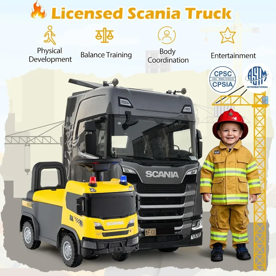 ركوب على سيارة الدفع المرخصة على مركبة بناء سكانيا للأطفال الصغار مع أضواء الموسيقى القرن تحت مقعد تخزين منزلق من القدم إلى الأرض