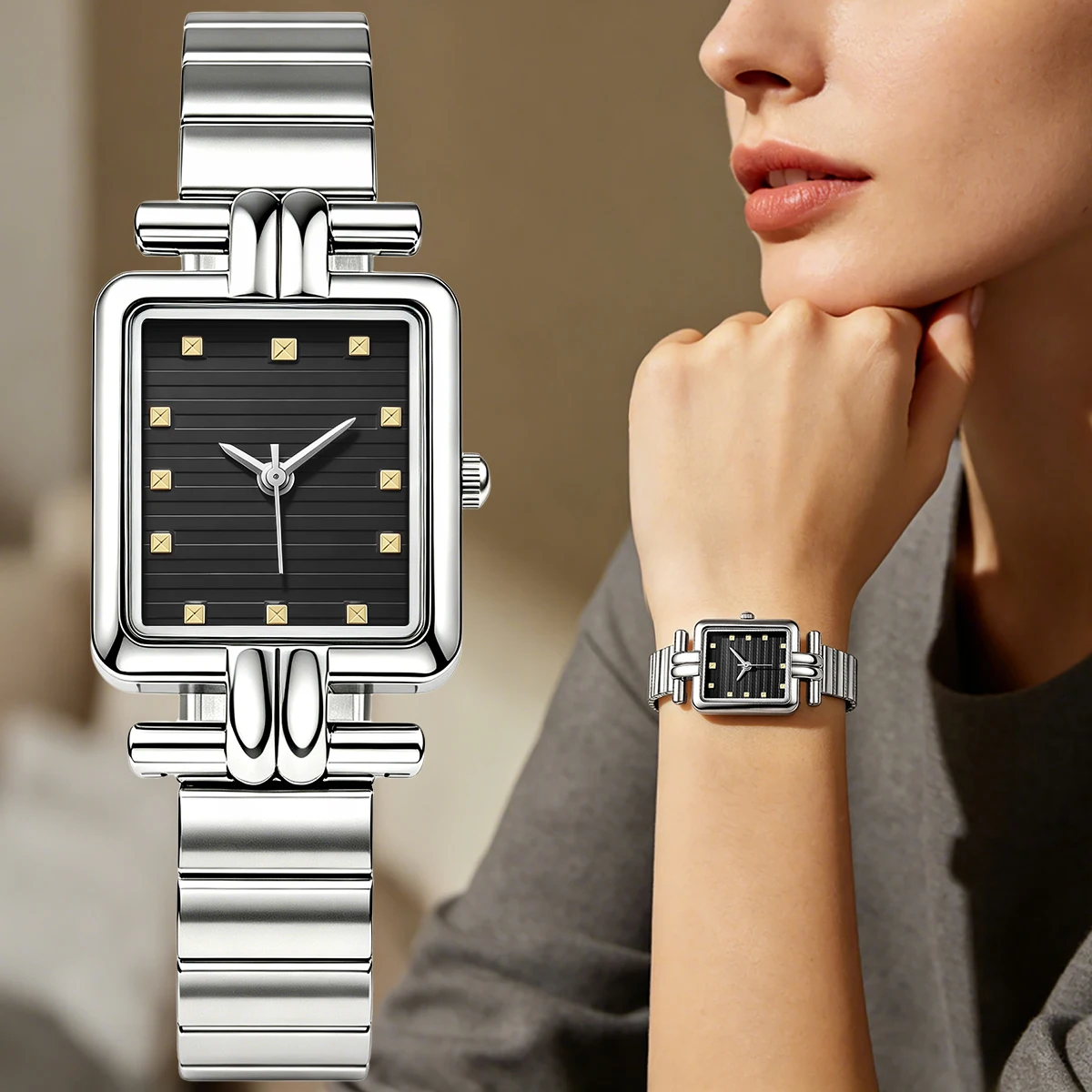 Women Square Quartz Watch Luxury Stainless Steel Bracelet Wristwatch Black Dial Gold Scale Elegant Ladies Dress Clock Gift For G