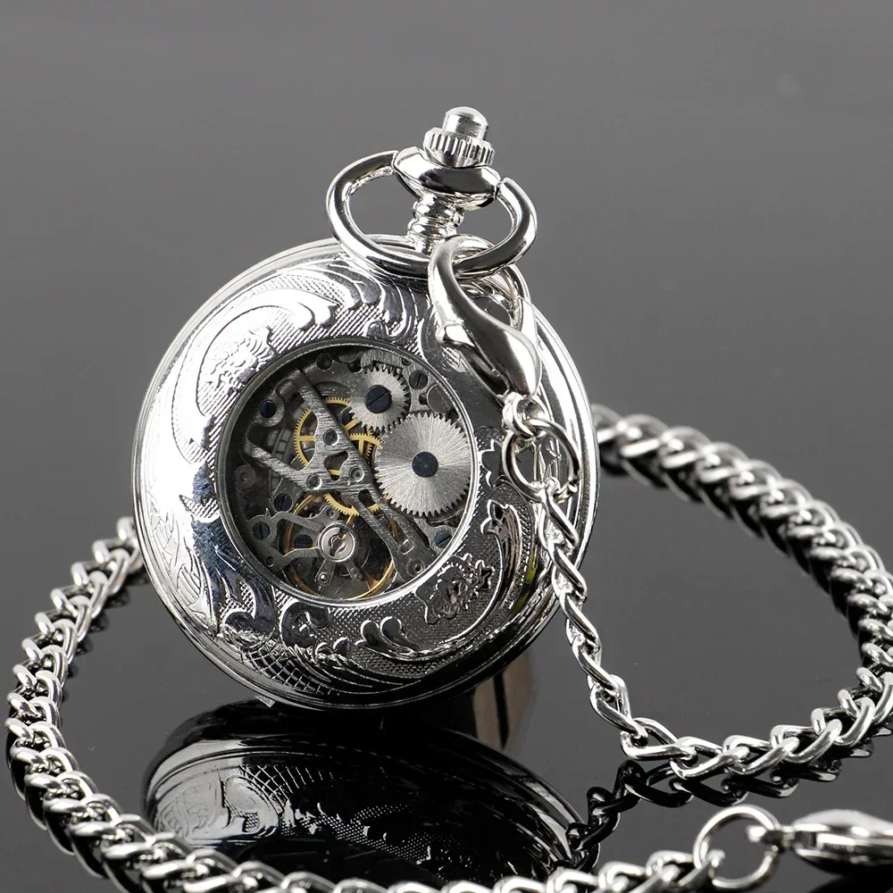 New Retro Silver Skeleton Boat Rudder Mechanical Pocket Watch Half Hunter Pendant Antique Manual Hand Winding Pocket Clock Gifts