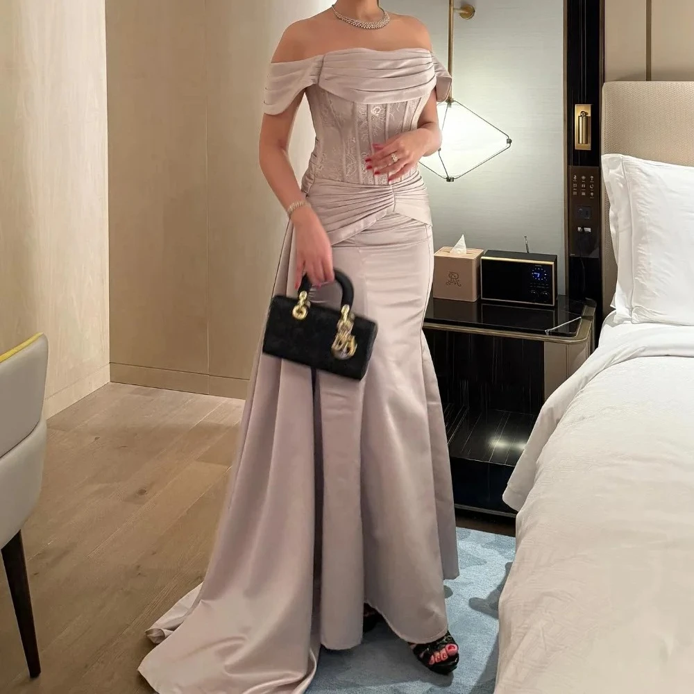

Customized Modest High Quality Pleat Draped Lace Mermaid Off-the-shoulder Floor-Length Evening Dresses For Birthday Party