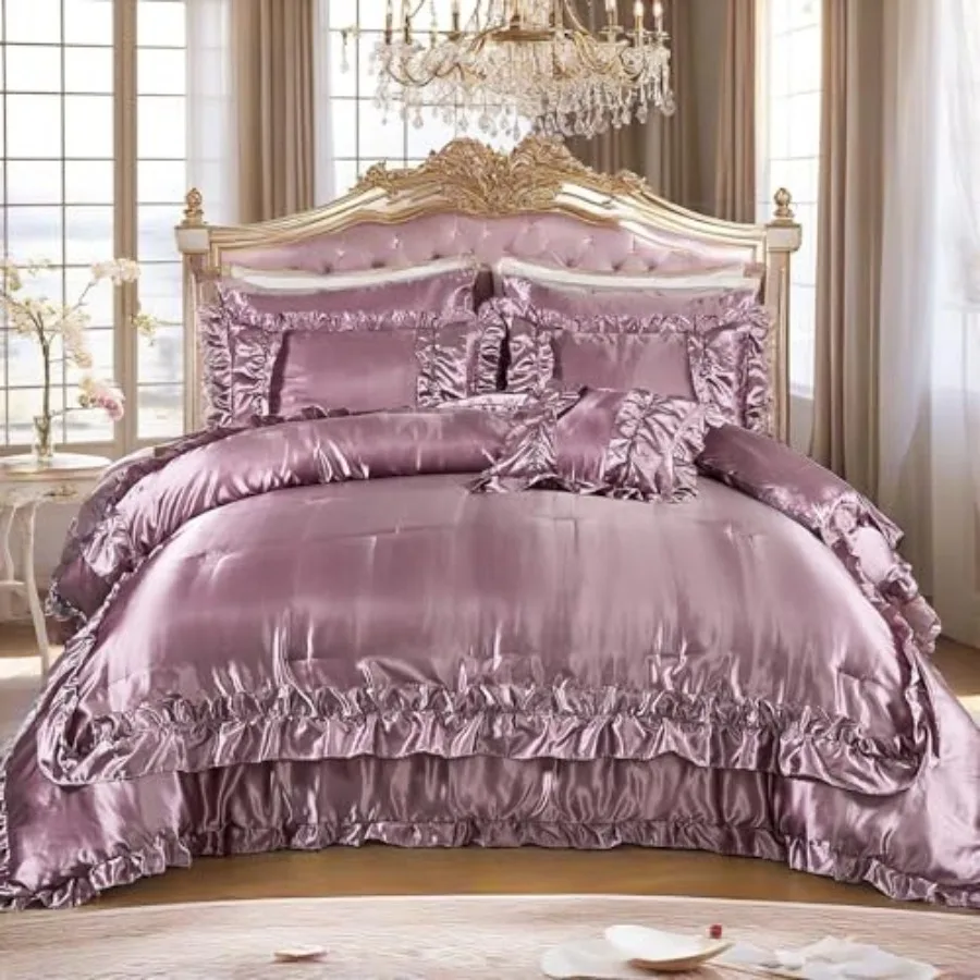 

8 Pieces Silk Like Satin Comforter Set Size Ruffle Comforter Set with Sheet Set Farmhouse Shabby Chic Bedding Comforter Set Blu