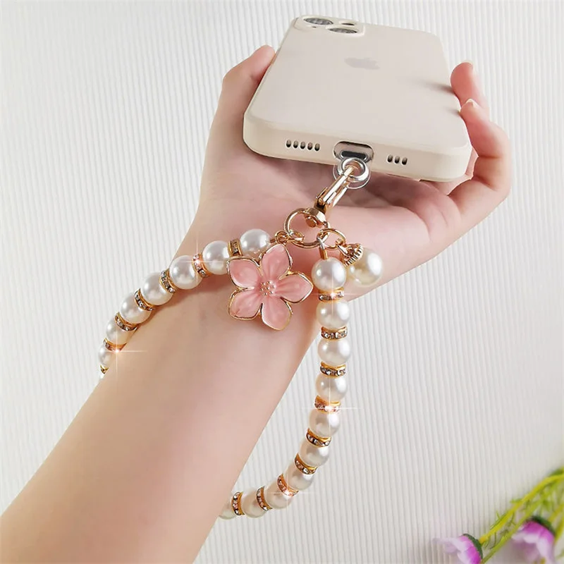 Pearl Lanyard Fashion Rhinestone Car Keyring Pendant Mobile Phone Lanyard Hand-woven Wrist Strap Back Case Anti-lost Lanyard