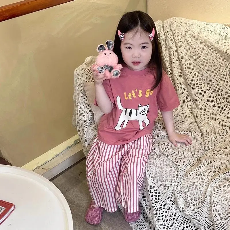 

Korean Baby Summer Outfit2025New Style Girls' Cartoon Cat Pink Short SleeveTT-shirt+Striped Wide-Leg Pants