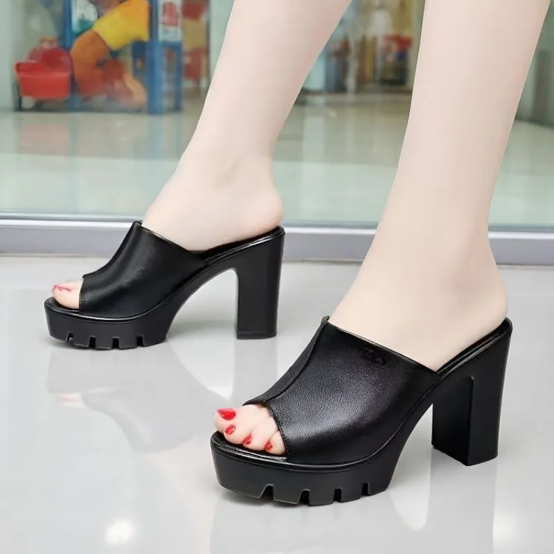 

Women's Sandals Open Toe Chunky Block Heel Platform Lug Bottom Smooth Leather-Look Slip-On Backless Mules Casual Daily Shoes