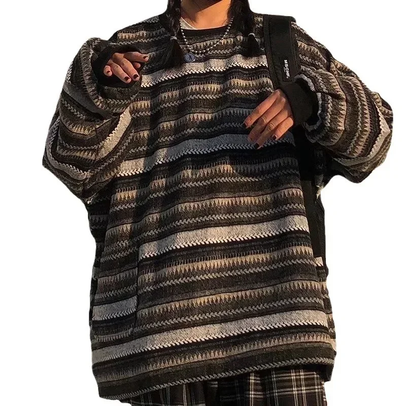 Autumn Winter Pullover Women Vintage Striped Oversize Sweater Long Sleeve Knitted Tops Hip Hop Streetwear Pullover Female Y2k