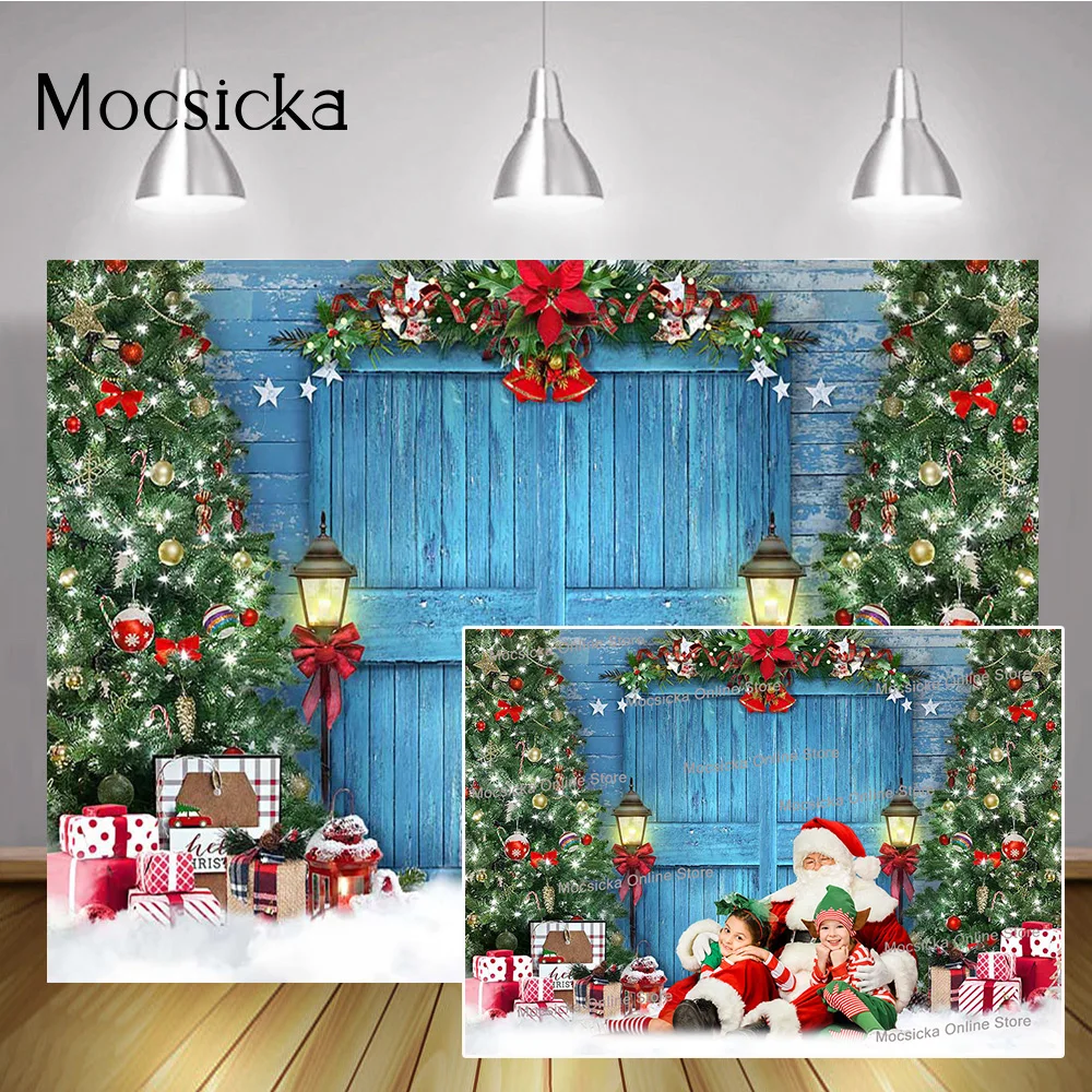 

Winter Blue Rustic Door Backdrops for Portrait Photography Christmas Trees Gifts Toys Xmas Kids Birthday Background Studio