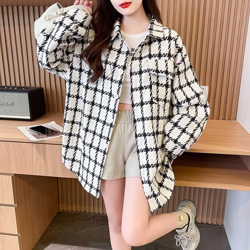 Women 2025 Polo Neck Shirts Autumn New Girl Slim Belly Covering Women Mid-length Retro Plaid Shirts Top Outerwear Spring