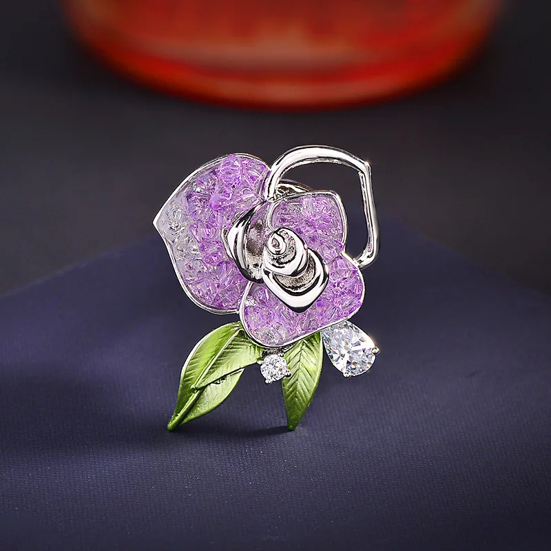 Chinese Style Auspicious Lucky Purple Rose Magnetic Brooch Sparkling Faux Crystal Elegant No Pin Mark For Women Daily Party Gift