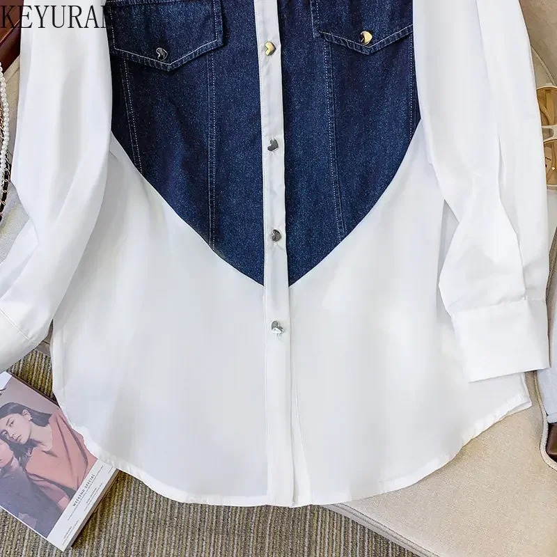 Denim Patchwork Short Sleeve Shirts Women Summer Oversized Shirt Fashion Loose Blouses Medium Length Thin Tops Women\'s Clothing