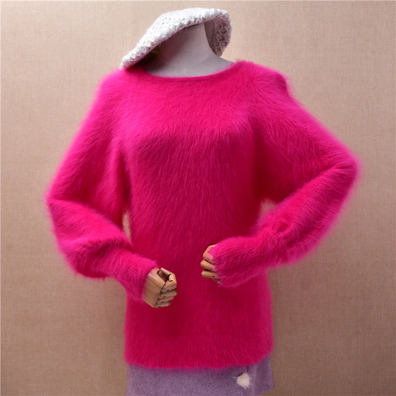 

Pull Rose Ladies Women Autumn Winter Clothing Hairy Mink Cashmere Knitted Long Lantern Sleeves O-Neck Slim Blouses Sweater Pull