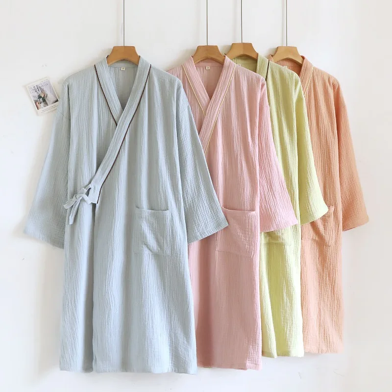 

2025 New Spring/Summer Women's Sleeping Robe 100% Cotton Crepe Bathrobe Water Absorbing Quick Drying Home Robe Sleepwear
