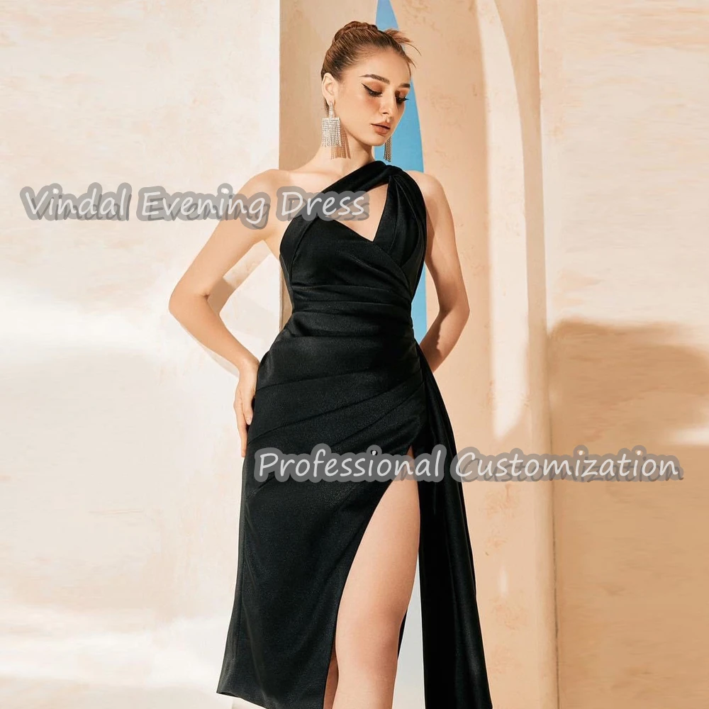 Vindal-vestido de noche para mujer, traje de un hombro hasta la rodilla, con volantes, crepé, sujetador incorporado, elegante, sin mangas, Arabia Saudita, 2024