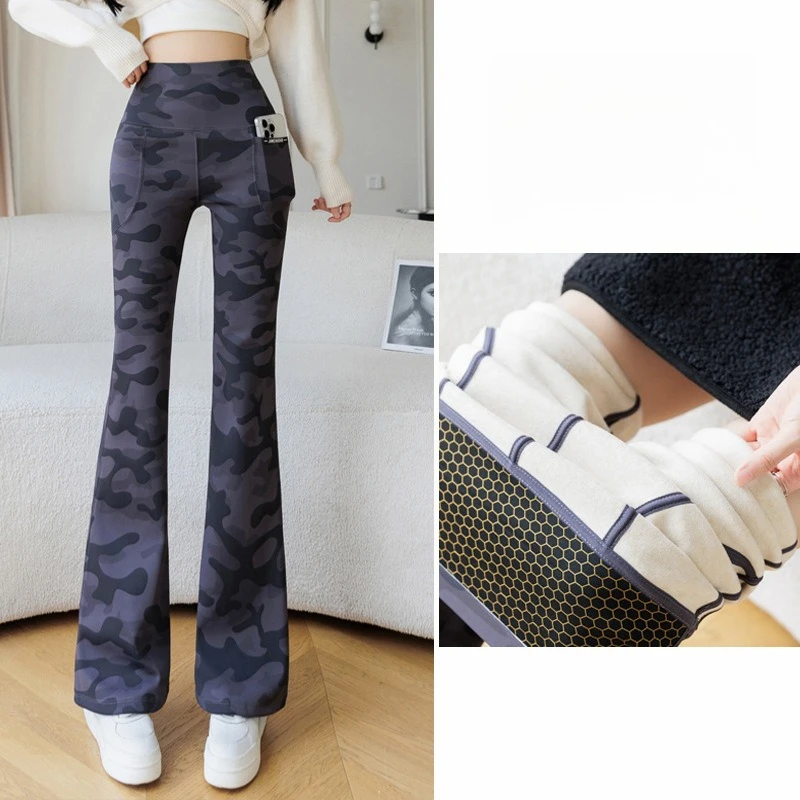 Women Camo Fleece Lined Flare Yoga Pants High Waist Tummy Control Leggings with Pockets Warm Stretch Gym Bell Bottom Trousers