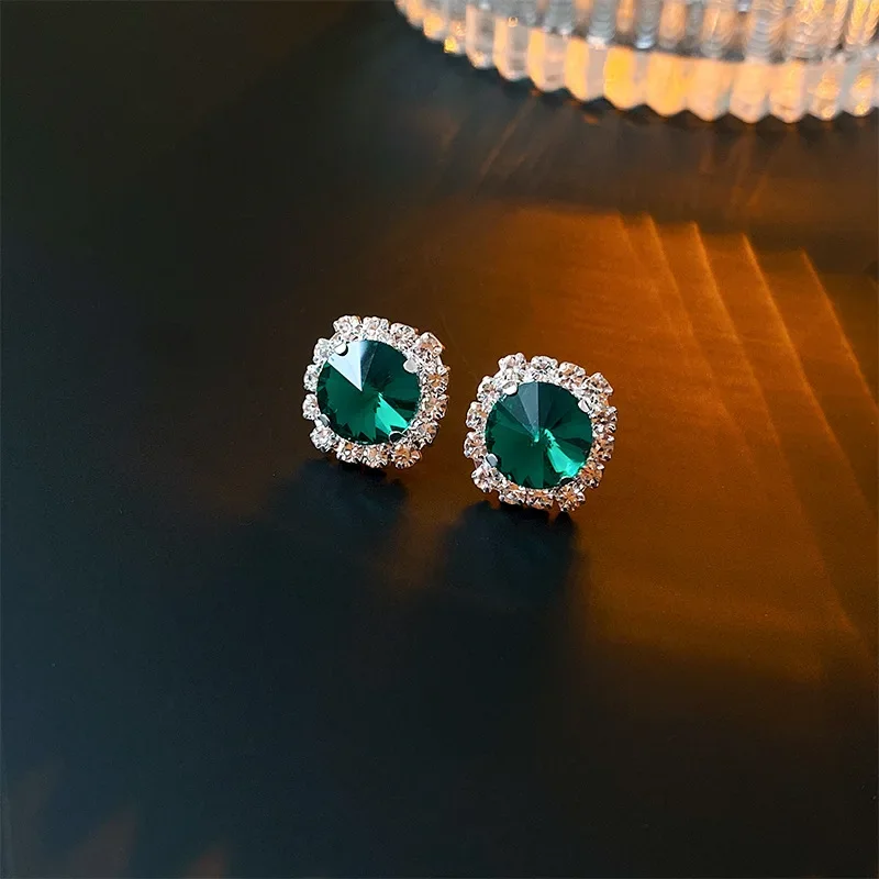 Inlaid Green Rhinestone Necklace Earring Set for Women Luxury Choker Necklace Stud Earrings Bridal Wedding Party Jewelry Sets