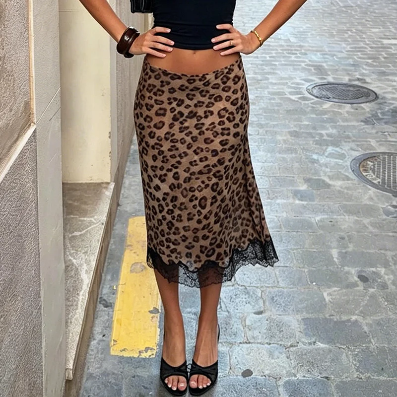 Sexy Women's Lace Patchwork Slim Skirts Summer Leopard Print Midi Skirts Fashion New Vintage Vacation Clubwear Y2K Skirt view 2