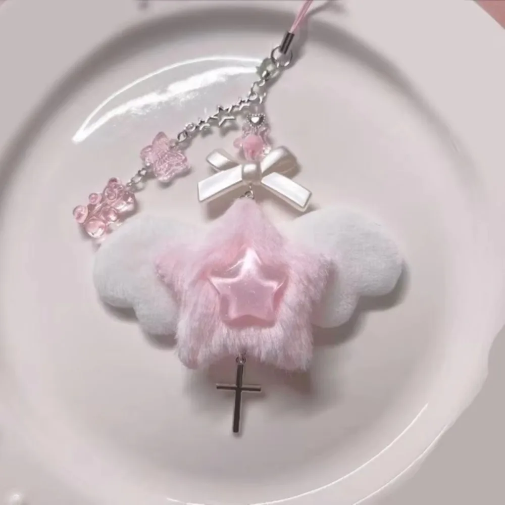 Nueva cadena acrílica para teléfono con lazo, llavero dulce con lazo de oso rosa, bolso con alas de Ángel